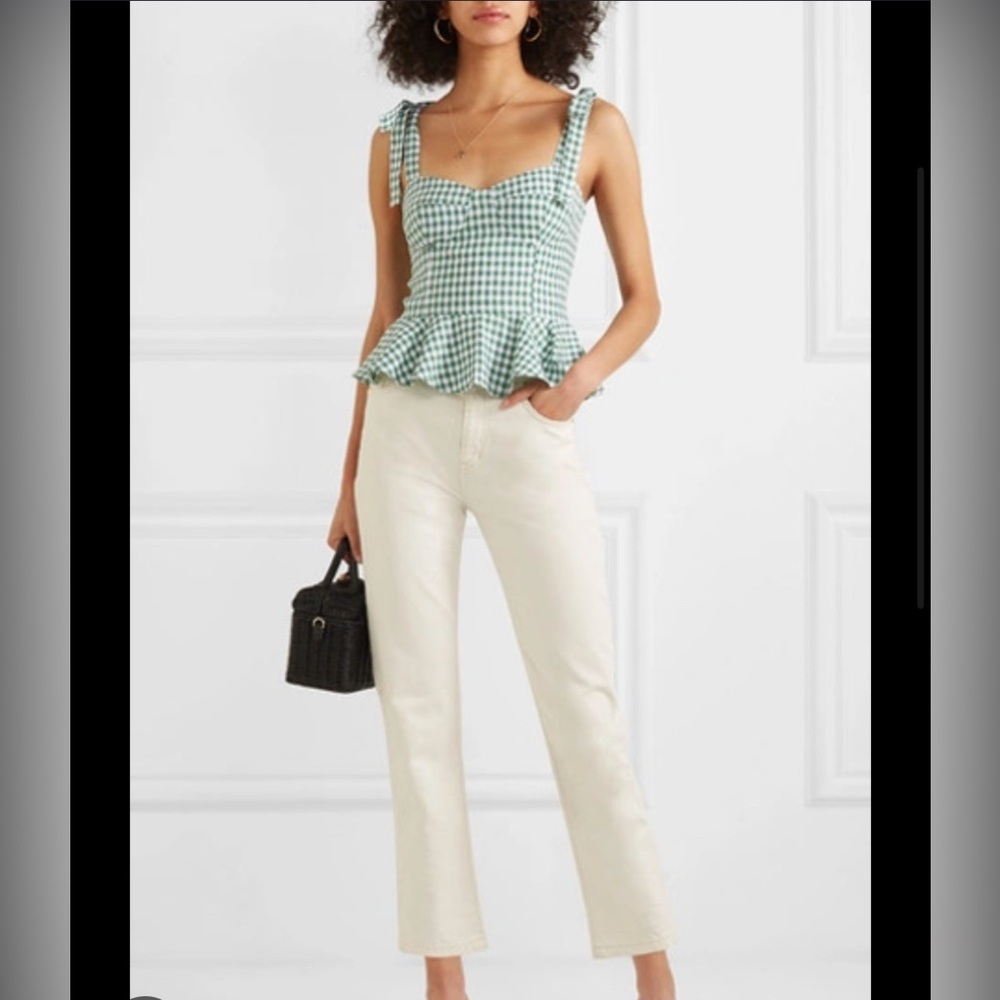 Reformation Kassi Linen Green Gingham Peplum Top
